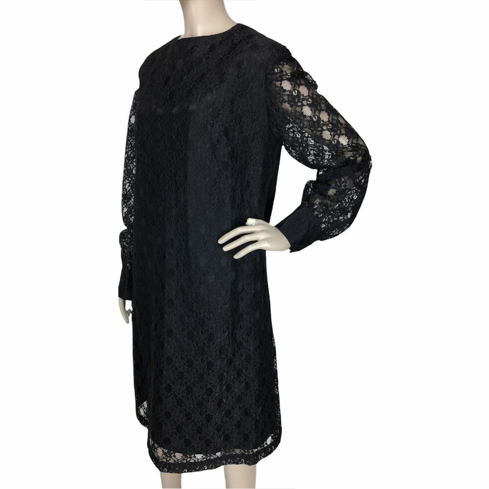 Vintage 60s Gothic Black Illusion Lace Shift Cocktail Party Dress Size Medium